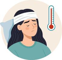 sick woman who looks exhausted and has a high fever, with a red thermometer icon vector