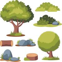 illustration set of collection of trees, bushes, rocks and logs cartoon vector