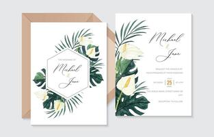Beautiful Tropical Wedding Invitation with Watercolor Anthurium, Monstera and Palm Leaves vector