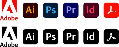 High-resolution color and black and white Adobe Creative Cloud icon set isolated Photoshop, Illustrator, Premiere Pro, InDesign, and Acrobat logos on transparent background vector
