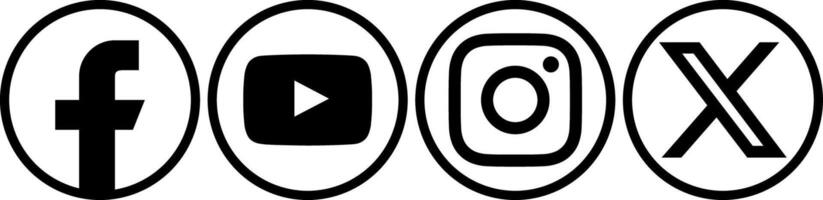 Essential Social Media Icons in a Clean Circular Black Outline, Featuring Facebook, Instagram, X, and YouTube, Ideal for Web and Digital Design vector