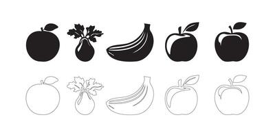 Collection of black and white fruit silhouettes and line art vector