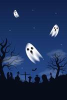 Horizontal Happy Halloween mockup card with ghosts, clouds, graveyard, bat on dark blue black background. Perfect for poster, banner, card and more. illustration in flat style vector