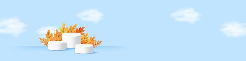 Autumn scene with leaves and white podiums. Light sky background adds airiness. Use for product showcases or seasonal concepts. illustration vector