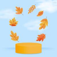 Autumn square design with yellow podium and flying foliage. Ideal for social posts, banners or greeting cards. illustration vector