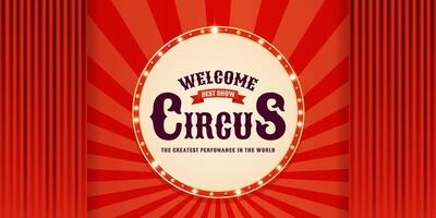 Colorful vintage circus horizontal advertising banner with red curtains. Design for promotion of events, creation of posters, invitations, tickets and more. illustration vector