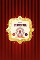 Retro festival State fair badge with ferris wheel and gold details. Template for event branding, flyers, posters or souvenirs. Verical illustration vector