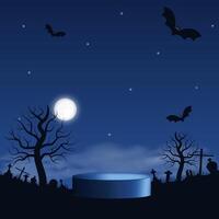 Dark Halloween cemetery background with spooky trees, moon, gravestones and space for design. Horizontal template with podium. illustration vector