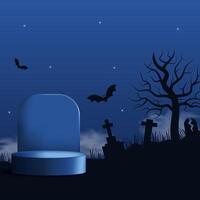Square Halloween template with podium, bats, graveyard and night sky. Perfect spooky background with place for text. illustration vector