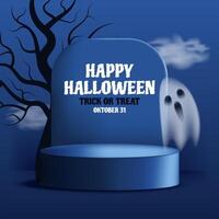 Happy Halloween banner with podium, ghost, tree and spooky sky. Trick or treat design for holiday template flat style dark blue background. illustration vector