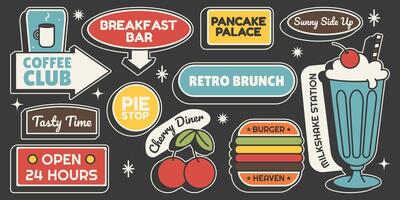 Set diner signs coffee, brunch, burger and dessert icons in retro Mid Century style. Stickers for food, cafe and restaurant design. illustration on black background vector