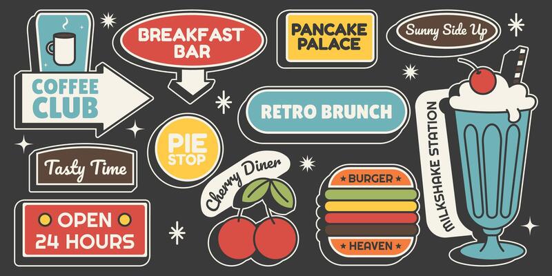 Set diner signs coffee, brunch, burger and dessert icons in retro Mid Century style. Stickers for food, cafe and restaurant design. illustration on black background
