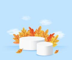 Horizontal autumn banner with white 3D podiums surrounded by colorful foliage. Perfect for fall promotions. illustration vector