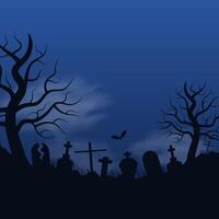 Creepy Halloween night background with tombstones, bats, dry trees and clouds. Horizontal layout with space for text. illustration vector