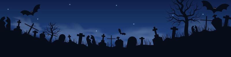 Halloween background with graveyard silhouettes, bats and copy space for your billboard design or title. Horizontal illustration in flat style, dark blue black colors, copy space vector