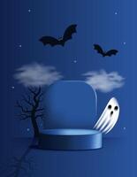 Spooky Happy Halloween vertical template with ghosts, bats, empty podium and night background. Background for product or message. illustration flat style, dark blue black colors, copy space vector
