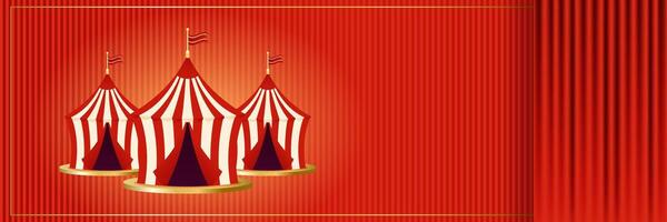 Three striped circus tent in flat style on striped red background and red curtains. Horizontal layout with space for text. illustration vector
