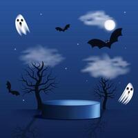 Happy Halloween scene with bats, full moon, podium, ghosts, trees and copy space. Ideal spooky mockup on dark blue background. illustration vector