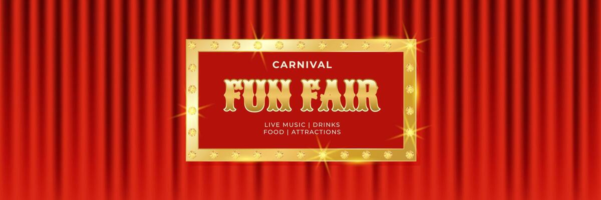 Vintage carnival fun fair horizontal banner with golden frame and red curtains. Retro background for events, festival, carnival, party, performance and more. illustration