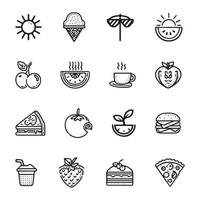 Black Lineart Summer Food and Fruit Icons Set for Seasonal Design. vector