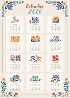 2026 monthly calendar week start on Sunday with flower that use for vertical digital and printable A4 A5 size vector