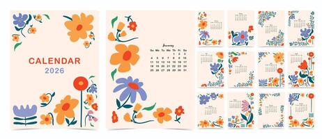 2026 table monthly calendar start on Sunday with flower that use for vertical digital and printable A4 A5 size vector