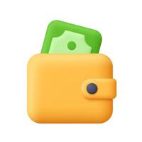 Yellow wallet with green banknote. Finance, investment , budget and savings concept. 3d icon. Cartoon minimal style. vector