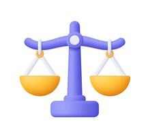 Purple balance scales with yellow gold scale pans. Decision, justice and law concept. 3d icon. Cartoon minimal style. vector