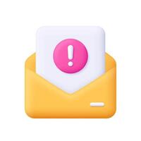 Yellow envelope with document file and exclamation mark. Message, alert, warning, notification, post mail, email concept. 3d icon. Cartoon minimal style. vector