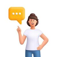 Young smiling woman Jane pointing upward with one finger at a yellow speech bubble. Communication, customer support, messaging and chat concept. 3d people character. Cartoon minimal style. vector