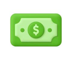 Green banknote with dollar symbol. Finance, business, income, savings, banking and investment concept. 3d icon. Cartoon minimal style. vector