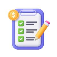 Clipboard with a checklist, pencil and dollar coin. Financial planning, budgeting tasks, money management and business strategy concept. 3d icon. Cartoon minimal style. vector