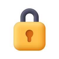 Yellow padlock with a black curved shackle and a keyhole. Security, safety, encryption, protection and privacy concept. 3d icon. Cartoon minimal style. vector