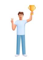 Young smiling man James holding a golden trophy high in hand and showing a peace sign. Winning, competition and personal accomplishment concept. 3d people character. Cartoon minimal style. vector