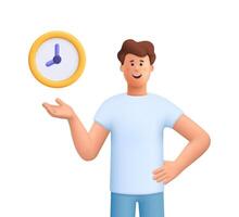 Young smiling man James standing with hand on hip and showing a clock. Time management, productivity, scheduling and punctuality concept. 3d people character. Cartoon minimal style. vector