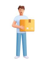Young smiling man James holding cardboard parcel or package box. Delivery, shipping, logistics and shopping concept. 3d people character. Cartoon minimal style. vector