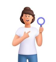 Young smiling woman Jane holding a magnifying glass. Search, investigation, research and discovery concept. 3d people character. Cartoon minimal style. vector