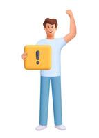 Young smiling man James holding banner with exclamation mark. Protest, alertness, attention, warning concept. 3d people character. Cartoon minimal style. vector