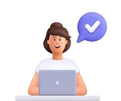 Young smiling woman Jane working on a laptop with a speech bubble and check mark. Productivity, success, approval, or task and feedback concept. 3d people character. Cartoon minimal style. vector