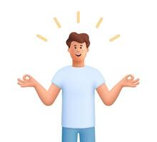 Smiling young man James standing with hands raised in a meditation or mindfulness gesture. Meditation, peace of mind, positive thinking concept. 3d people character. Cartoon minimal style. vector