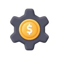Black gear or cogwheel with gold dollar coin. Payment process, financial setting, money management, investment tools concept. 3d icon. Cartoon minimal style. vector