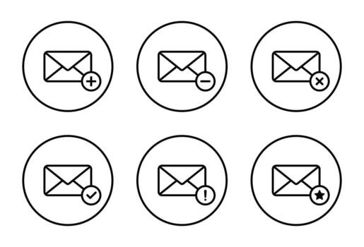 Message icon set inside circular outline. Add, remove, delete, verified, error, and favorite email symbol vector
