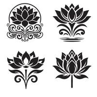 Set of decorative floral elements in black silhouette style vector
