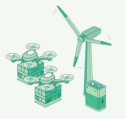 Isometric illustration of delivery drones carrying packages, powered by renewable energy from a wind turbine and battery. Concept of sustainable logistics and green technology.