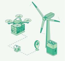 Isometric illustration of a delivery drone transporting a package to a house using a route map. Powered by wind energy and battery. Concept of eco-friendly smart logistics. vector