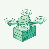 Isometric delivery drone carrying a package. Modern logistics technology for fast and automated shipping solutions using aerial transportation. vector
