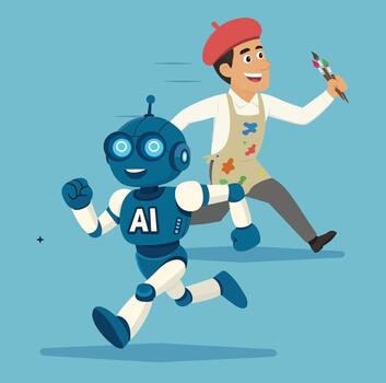 sonriente ai robot y alegre artista con cepillos son corriendo juntos. dibujos animados estilo. creatividad, tecnología, y colaboración Entre humanos y máquinas. vector