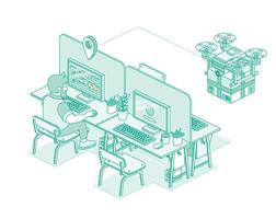 Man working at a desk in an open space office while a delivery drone approaches. Concept of smart logistics, remote work, and modern technology integration. Isometric outline illustration. vector