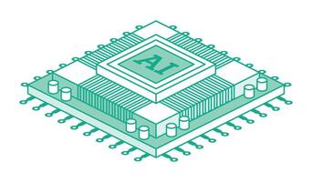AI CPU microchip. Isometric illustration. Digital processor with circuits and components, symbolizing artificial intelligence and advanced computing technology. vector