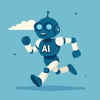 Cheerful robot is running on blue background. Text AI on chest. Cartoon style. Illustration. Artificial intelligence, motion, and technological progress. vector